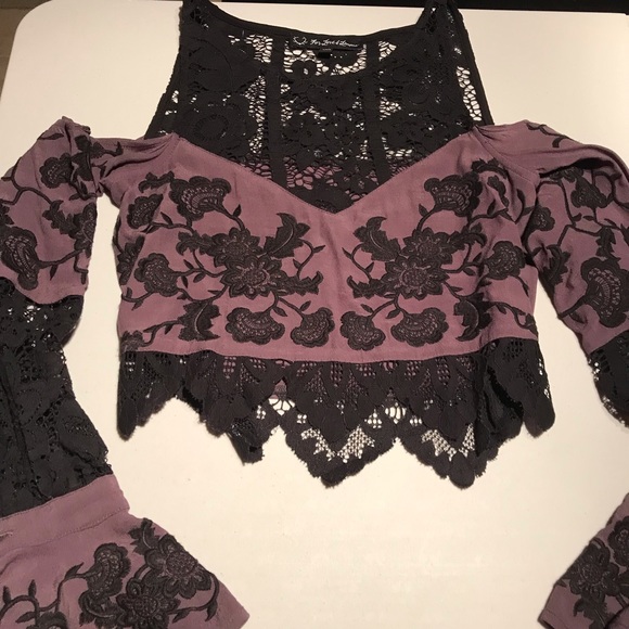 For Love & Lemons Cecilia Crop Top Cold Shoulder Purple/Black Lace Size XS - Picture 6 of 13